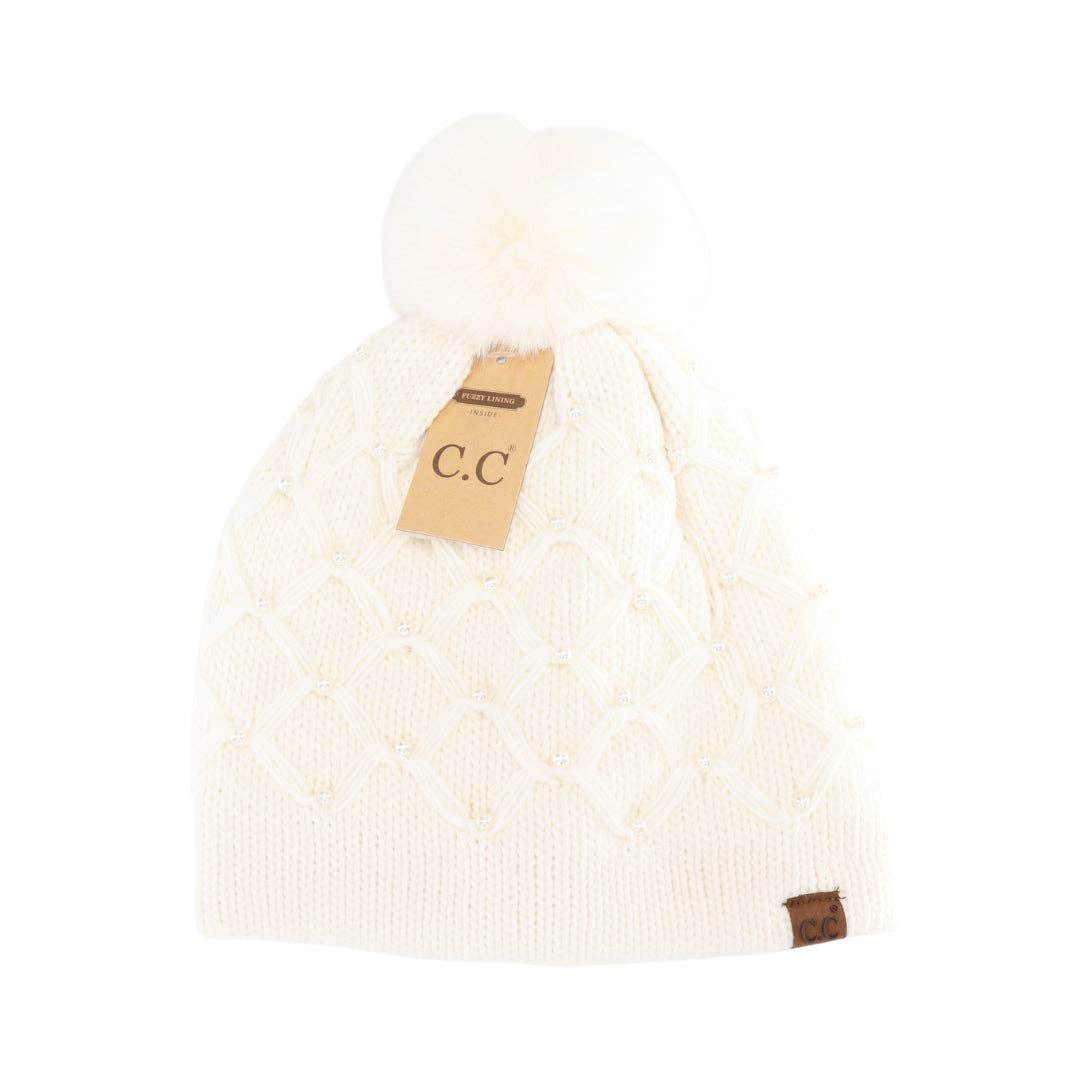 Allover Pearl Crochet C.C Faux Fur Pom Beanie HTE0128: Brown