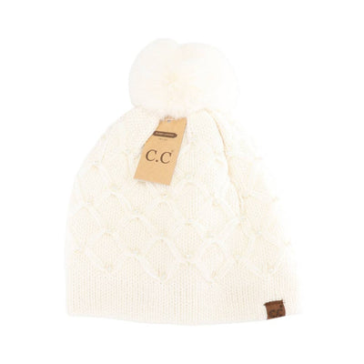 Allover Pearl Crochet C.C Faux Fur Pom Beanie HTE0128: Brown