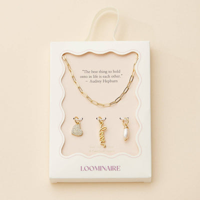Gold Dipped 18K Love, Heart, and Pearl Charm Necklace