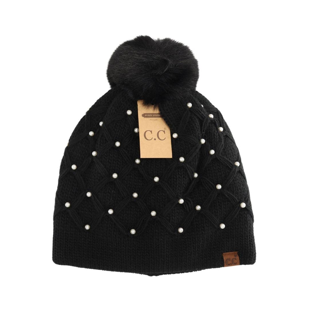 Allover Pearl Crochet C.C Faux Fur Pom Beanie HTE0128: Brown