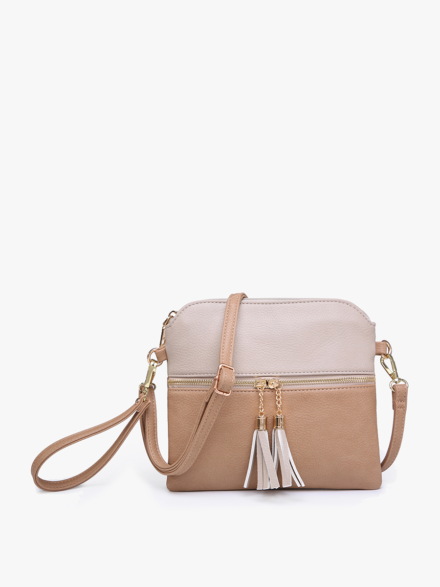 Tara Double Zip Crossbody Bag/Wristlet: Taupe/Beige