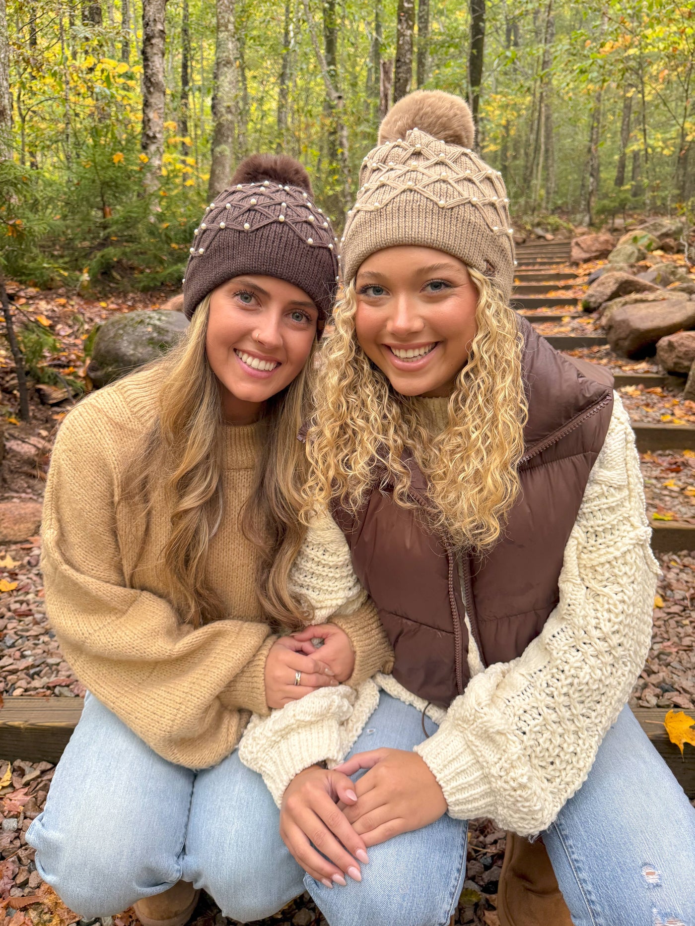 Allover Pearl Crochet C.C Faux Fur Pom Beanie HTE0128: Brown