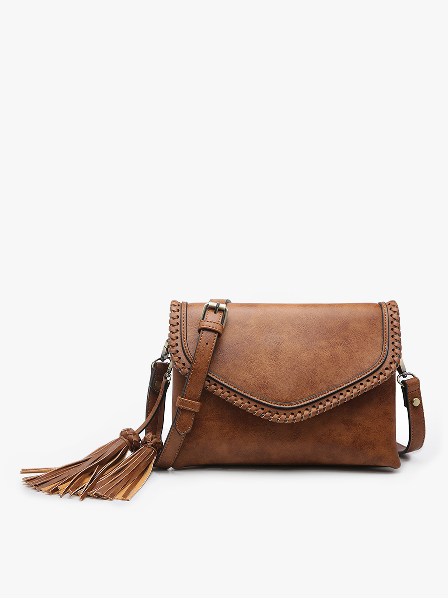 Sloane Flapover Crossbody w/ Whipstitch and Tassel: Brown