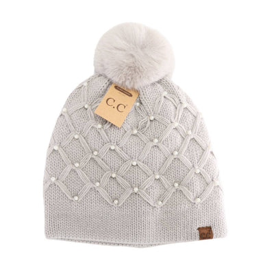 Allover Pearl Crochet C.C Faux Fur Pom Beanie HTE0128: Brown