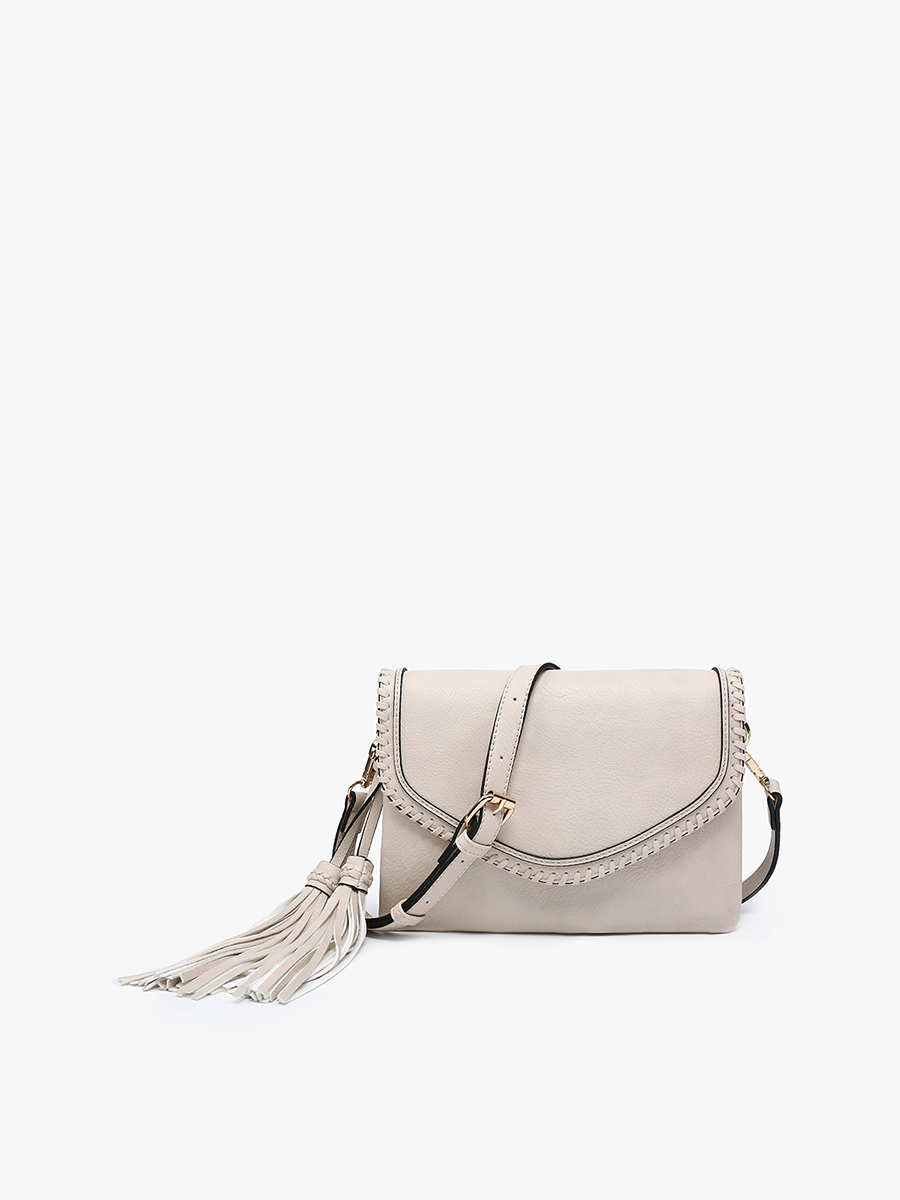 Sloane Flapover Crossbody w/ Whipstitch and Tassel: Greige