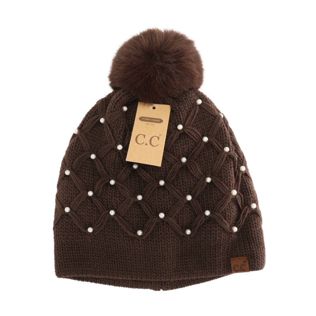 Allover Pearl Crochet C.C Faux Fur Pom Beanie HTE0128: Brown