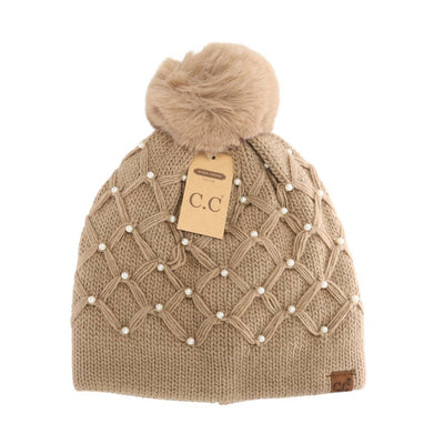 Allover Pearl Crochet C.C Faux Fur Pom Beanie HTE0128: Brown