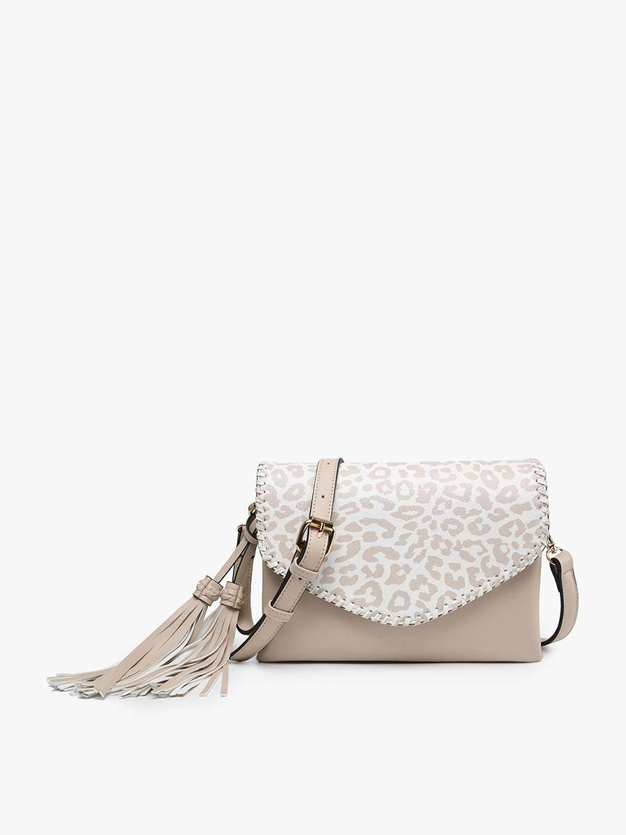 Sloane Flapover Crossbody w/ Whipstitch and Tassel: Cheetah-Beige
