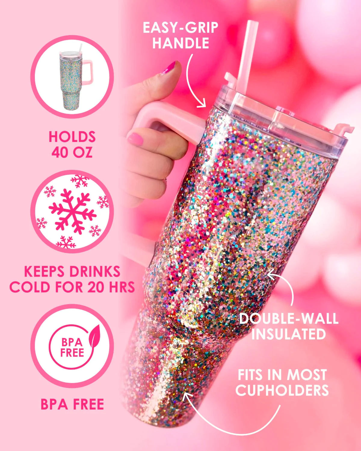 Glitter Party Stainless Steel Insulated Tumbler with Straw