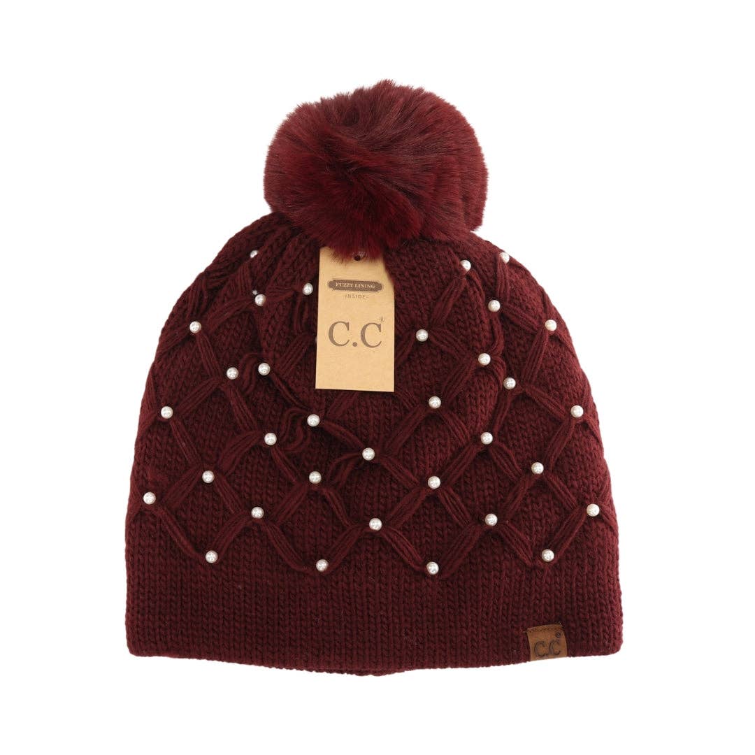 Allover Pearl Crochet C.C Faux Fur Pom Beanie HTE0128: Brown