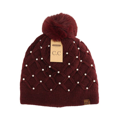 Allover Pearl Crochet C.C Faux Fur Pom Beanie HTE0128: Brown
