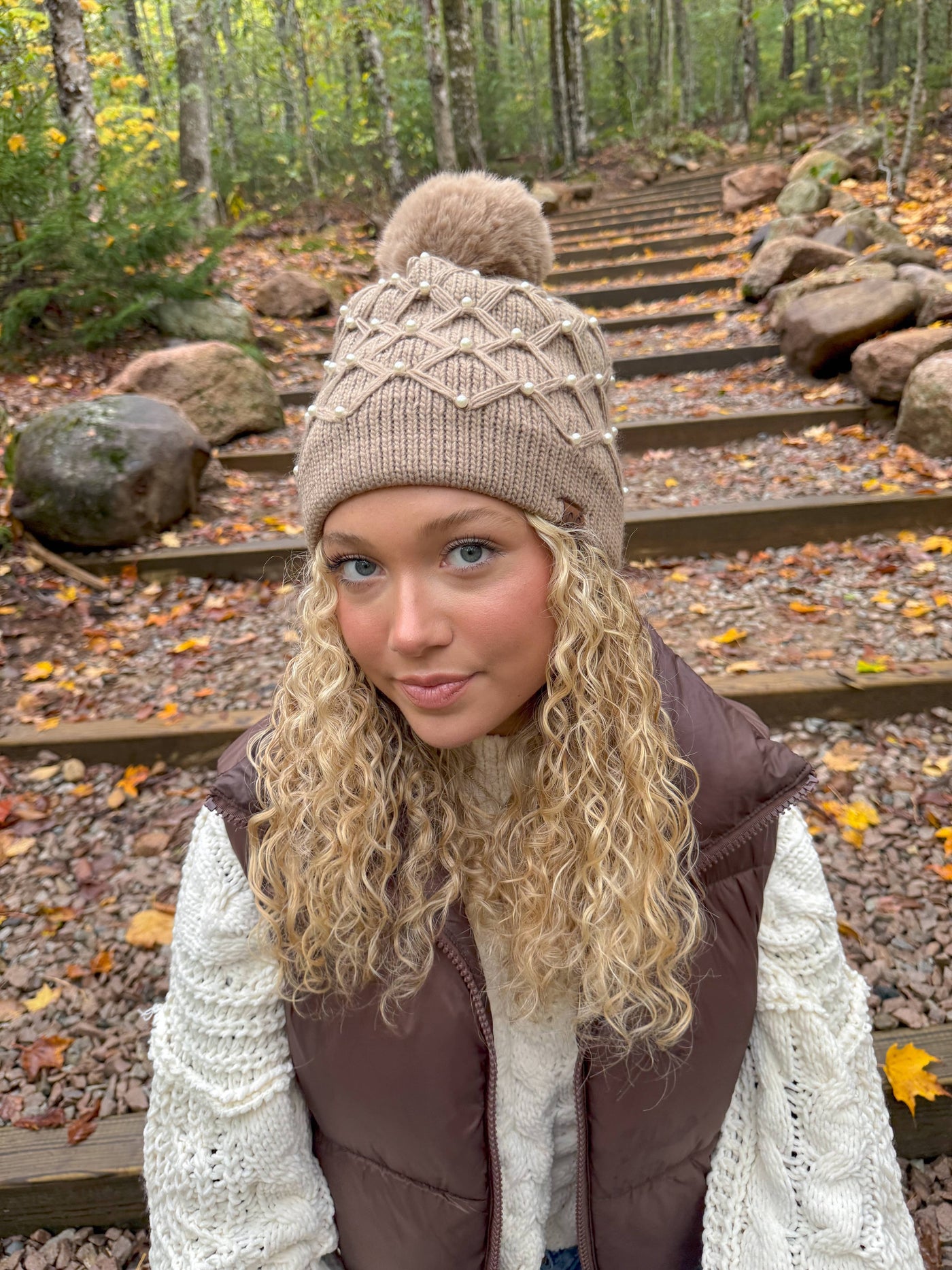 Allover Pearl Crochet C.C Faux Fur Pom Beanie HTE0128: Brown
