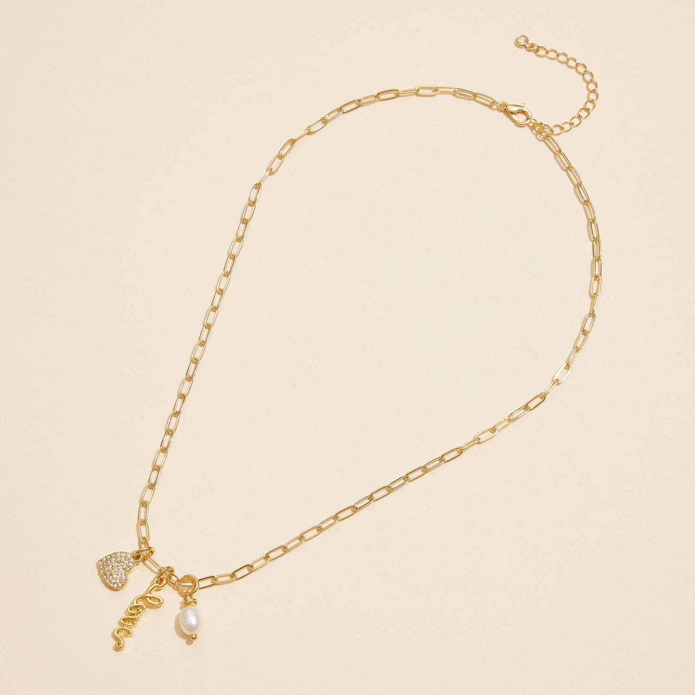 Gold Dipped 18K Love, Heart, and Pearl Charm Necklace