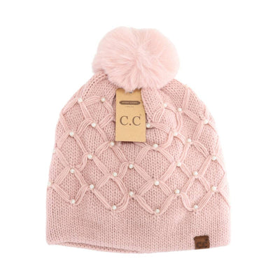 Allover Pearl Crochet C.C Faux Fur Pom Beanie HTE0128: Brown