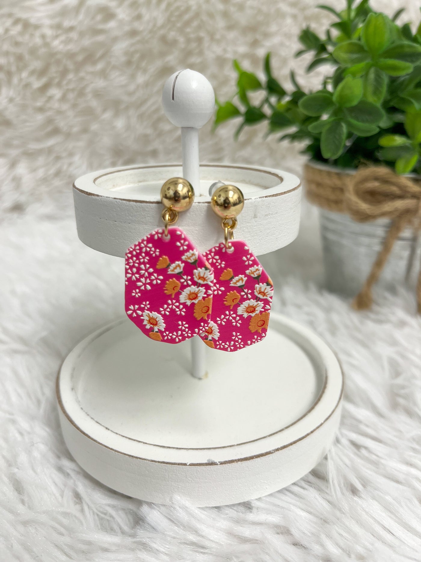 Hot Pink Flower Drop Earrings