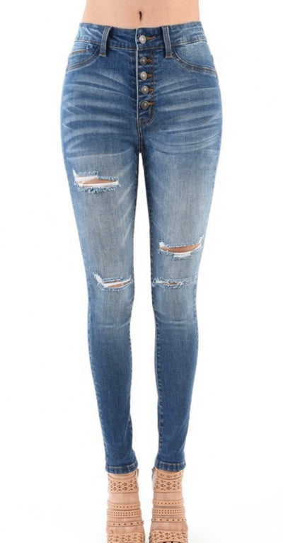 Forever Yours HB503 High Rise Medium Wash Distressed Button Fly Jeans